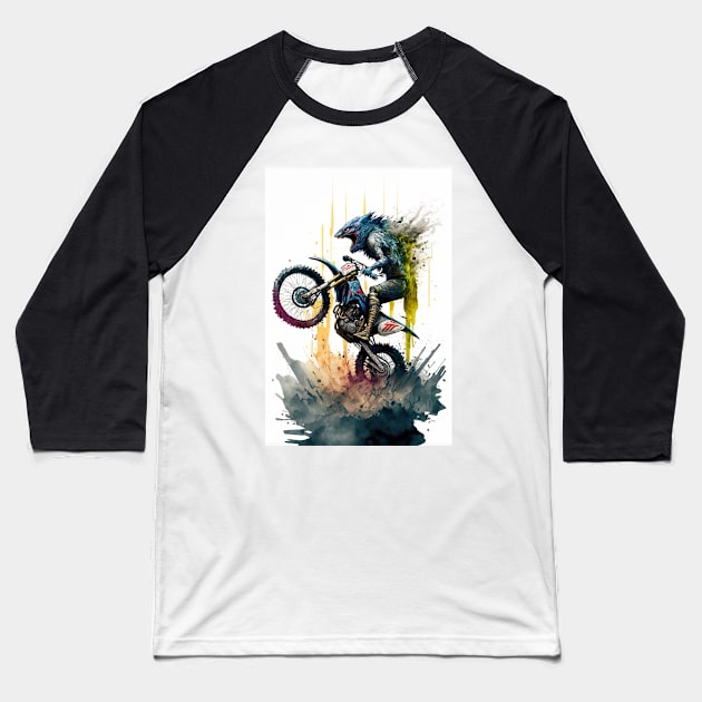 Monster Riding Dirt Bike Paint Splash Style Baseball T-Shirt by KoolArtDistrict